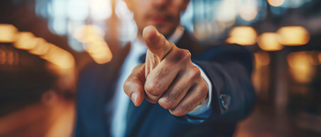 A closeup of a businessman in a suit pointing directly forward, signaling leadership, decisionmaking, and direct communicationの素材
