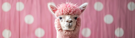Alpaca with a fluffy pink top, pastel polka dot backgroundの素材