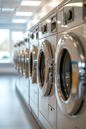 Modern laundry machines in a bright, clean roomの素材