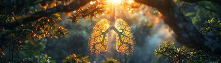 The silhouette of lungs as tree branches in a forest, portraying the vital connection between trees and our respiratory healthの素材