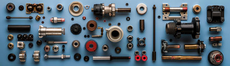 Disassembled mechanical parts on a blue background, organized layoutの素材