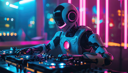 Robot DJ mixing music in nightclub, vibrant neon lights, futuristic partyの素材
