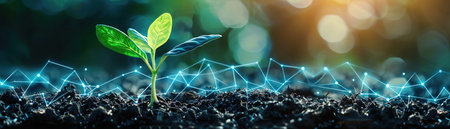 Sprout growing from soil with digital tech background, merging nature and technologyの素材