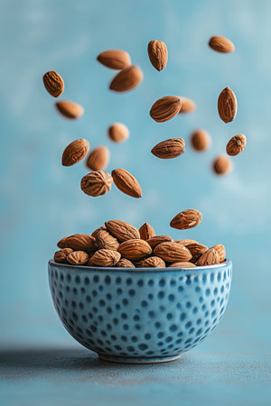 Nuts floating above a blue bowl, minimalistic background, sharp focus, midairの素材