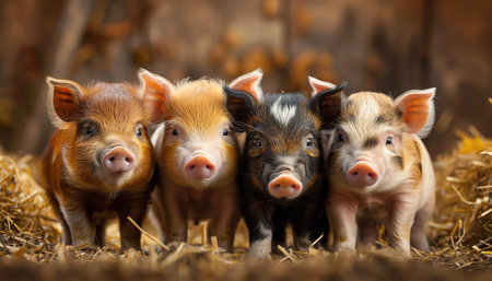 Closeup of piglets face barn setting playful and curious expressionの素材