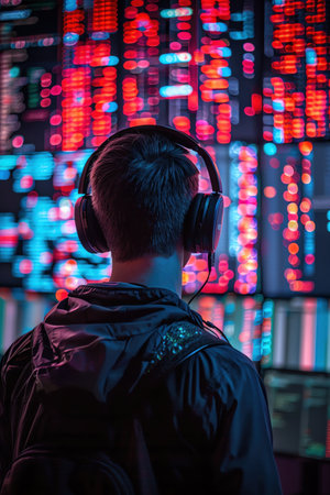 A hacker wearing headphones focuses on coding in a dark room with immersive digital screens displaying codeの素材