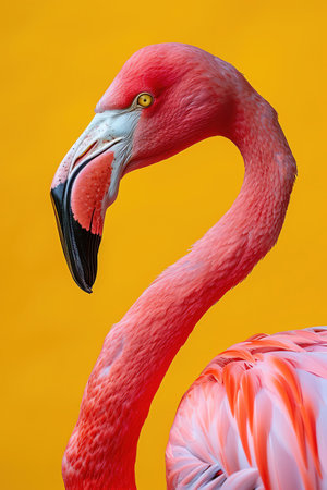 Closeup of a pink flamingo, with a vivid yellow background, showcasing wildlife and color contrastの素材