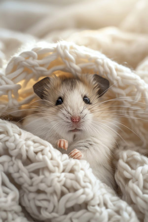 Hamster in checkup, soft bedding, warm light, macro lens, cozy, detailed whiskersの素材