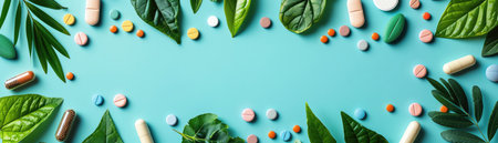 Various pills and plants on a teal background, flat lay arrangementの素材