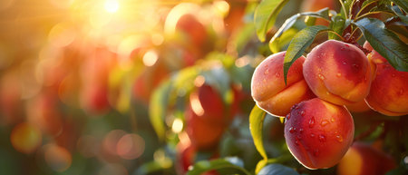 Ripe peaches on a tree branch, bathed in warm sunlightの素材