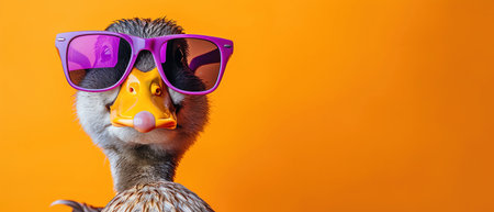 Duck wearing purple sunglasses, vibrant orange backgroundの素材