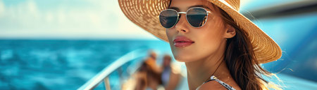 Stylish woman in sunglasses and hat on a yacht, friends in the background, luxurious vibeの素材