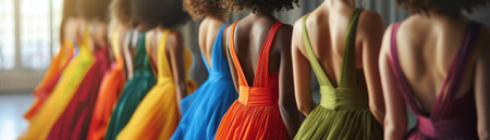 Back view of fashion models in flowing colorful dresses on the runway, representing modern fashion diversityの素材