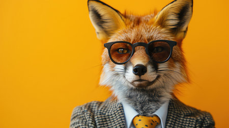 Fox in a suit and sunglasses, orange backgroundの素材