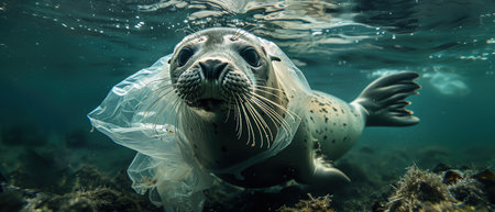 Seal underwater with a plastic bag around its neckの素材