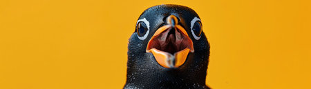 Penguin with wide eyes and open beak, yellow backgroundの素材