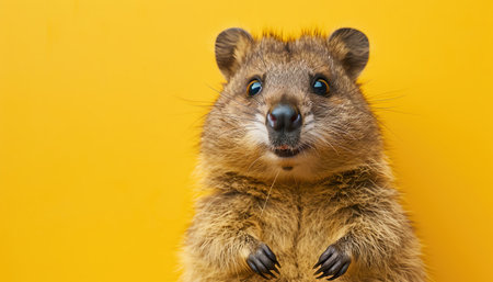 Quokka with wide eyes, yellow backgroundの素材