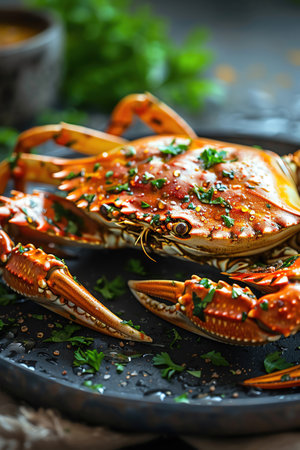 Steamed crab with parsley, water droplets, dark background, closeupの素材