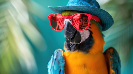 Parrot with red sunglasses and a blue hat, teal backgroundの素材