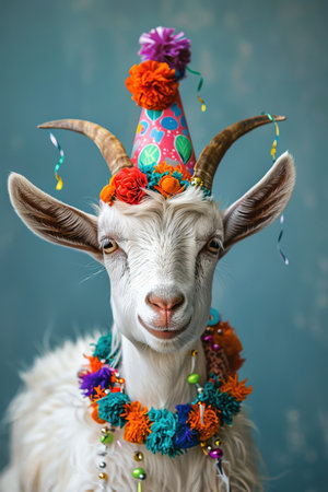 A cheerful goat in a party hat and colorful decorations smiles joyfully, suggesting a celebrationの素材