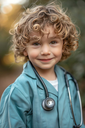 Adorable young boy dressed in a doctors outfit with a stethoscope, smiling and representing aspirational playの素材