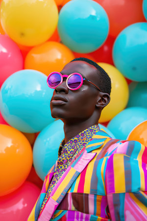 Fashionforward man making a bold statement in a multicolored jacket amidst a fun background of colorful balloonsの素材