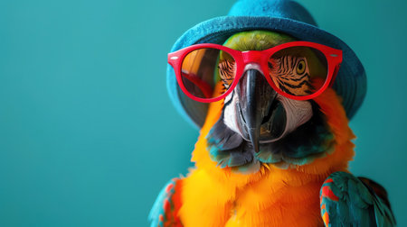 Parrot with red sunglasses and a blue hat, teal backgroundの素材