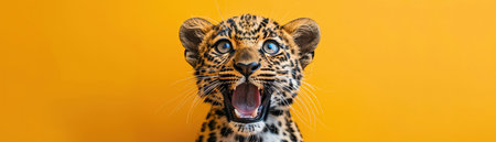 Leopard with wide eyes and open mouth, yellow backgroundの素材