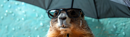 Groundhog in sunglasses with umbrella, teal backgroundの素材