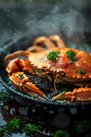 Steamed crab with parsley, water droplets, dark background, closeupの素材