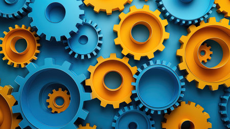 Colorful paper gears, blue and yellow background, abstract and playfulの素材