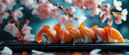 An elegant sushi set beautifully presented with cherry blossoms in the background, perfect for a Japanese culinary experienceの素材