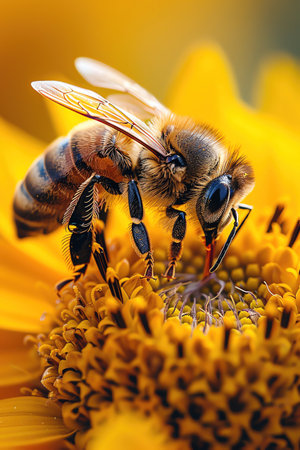 A diligent honeybee at work, closeup on a vibrant yellow flowerの素材