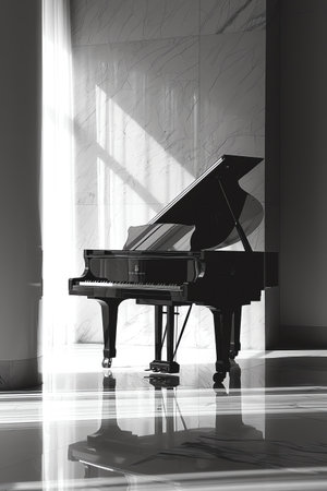 Black grand piano in minimalist room, bright light, sleek and modern aestheticの素材