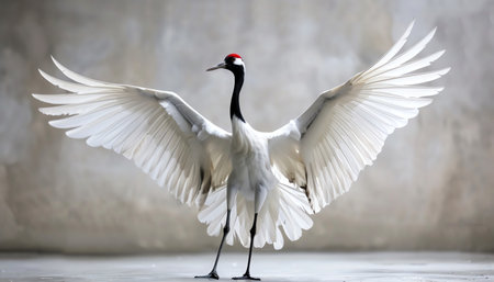 A Japanese crane performing a graceful and elegant dance with its wings spreadの素材