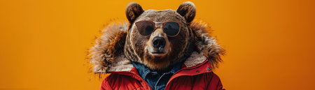 Bear in red jacket, sunglasses, orange background, coolの素材