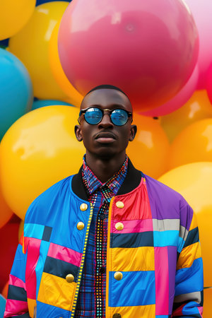 Fashionforward man making a bold statement in a multicolored jacket amidst a fun background of colorful balloonsの素材