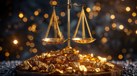 Shiny gold nuggets balanced on a traditional scale, symbolizing wealth and fair tradeの素材