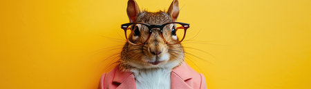 Squirrel in pink suit, sunglasses, yellow background, stylishの素材