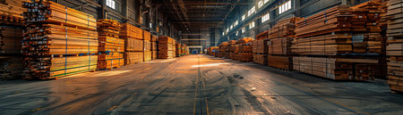 Lumber warehouse, neatly stacked wood, industrial setting, warm lightingの素材