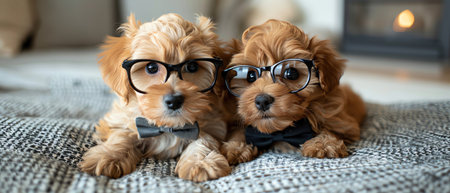 Two puppies with glasses and bow ties, indoor setting, cute and playfulの素材
