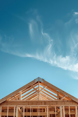 Wooden house framework under construction, clear sky, daytimeの素材