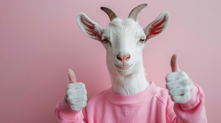 Goat in pink shirt, thumbs up, pink background, cheerful expressionの素材