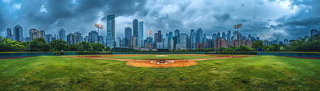 Baseball field with city skyline, lush green grass, overcast skyの素材