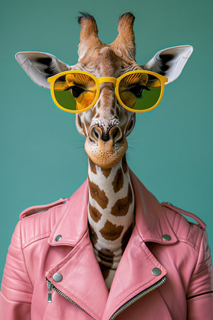 Giraffe in a pink leather jacket, yellow sunglasses, green backgroundの素材