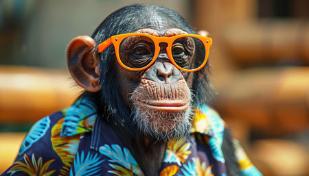 A cool chimpanzee sporting orange sunglasses and a colorful Hawaiian shirt, exuding a laidback summer vibeの素材