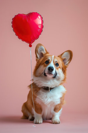 An adorable Corgi dog with a heartshaped balloon tied to its collar against a soft pink background, exuding love and happinessの素材