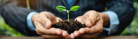 Hands holding sapling, teamwork concept, business suits, closeupの素材