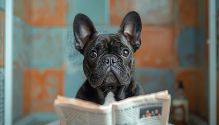 A humorous scene with a black French bulldog sitting on a toilet reading a newspaper, suggesting a humanlike routineの素材