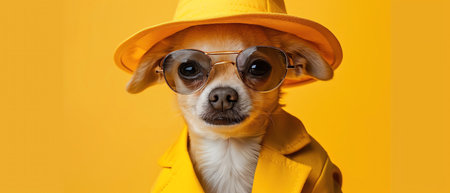 Chihuahua in yellow suit and hat, sunglasses, yellow background, stylish dogの素材